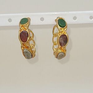 Gemstone hoop earrings,  pierced, gold tone